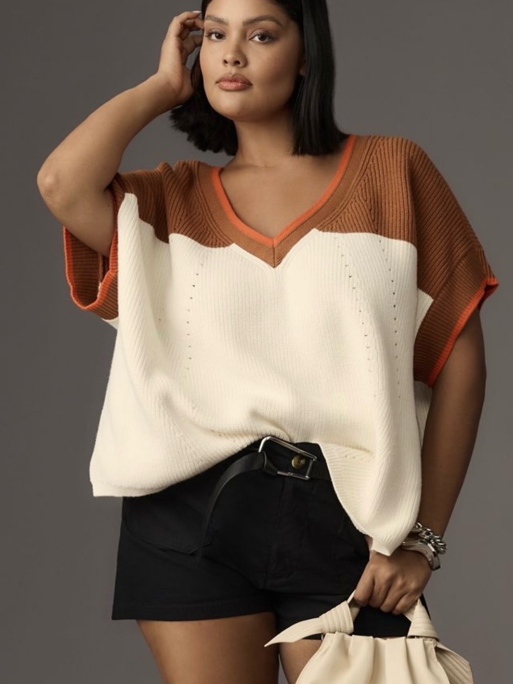 Maeve Anthropologie V-Neck Sweater Tee XXS Very Oversized Rust Ivory